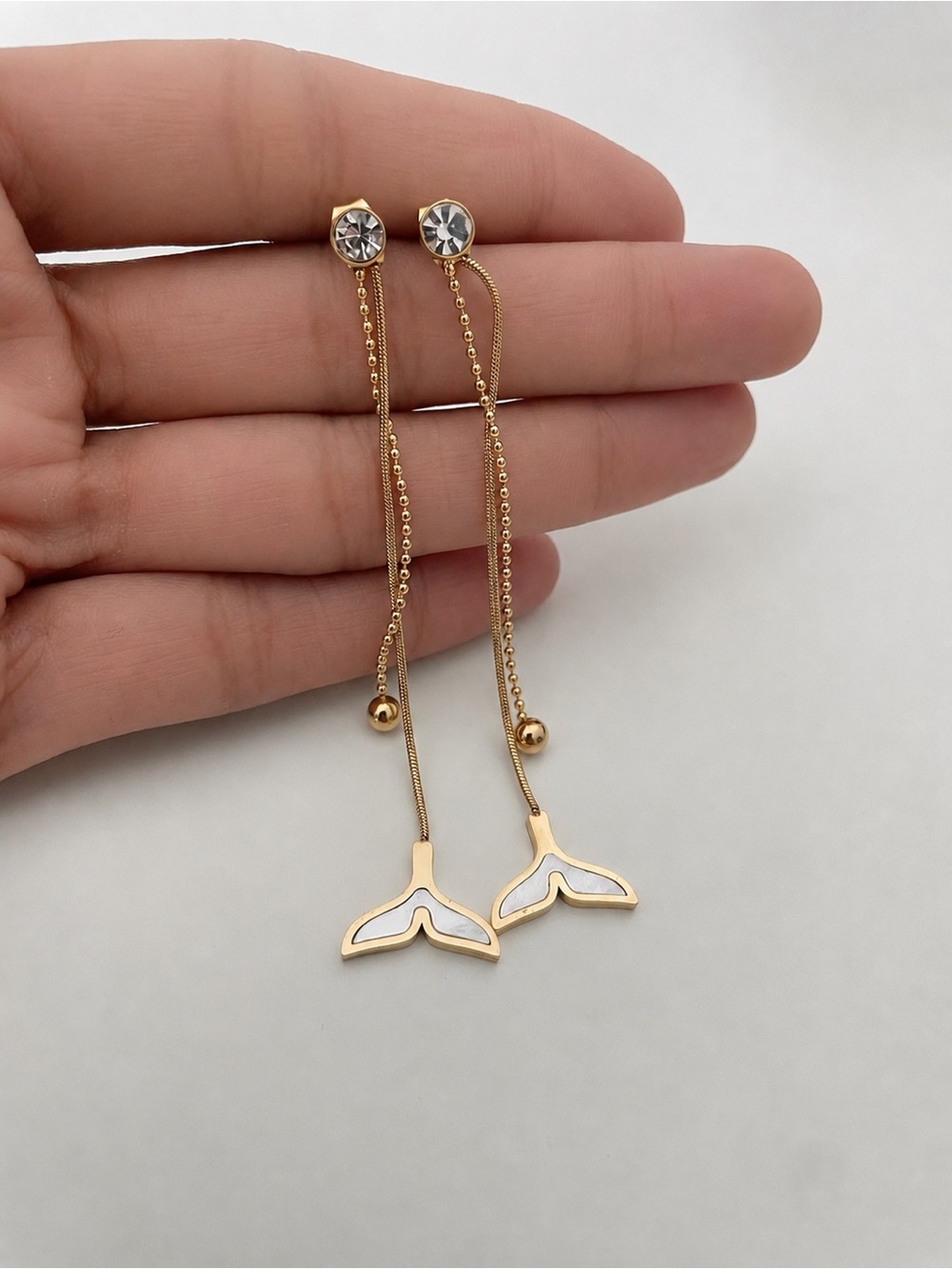 18K Gold Plated Stainless Steel Whale Tail Long Drop Earrings - Picture 3 of 4